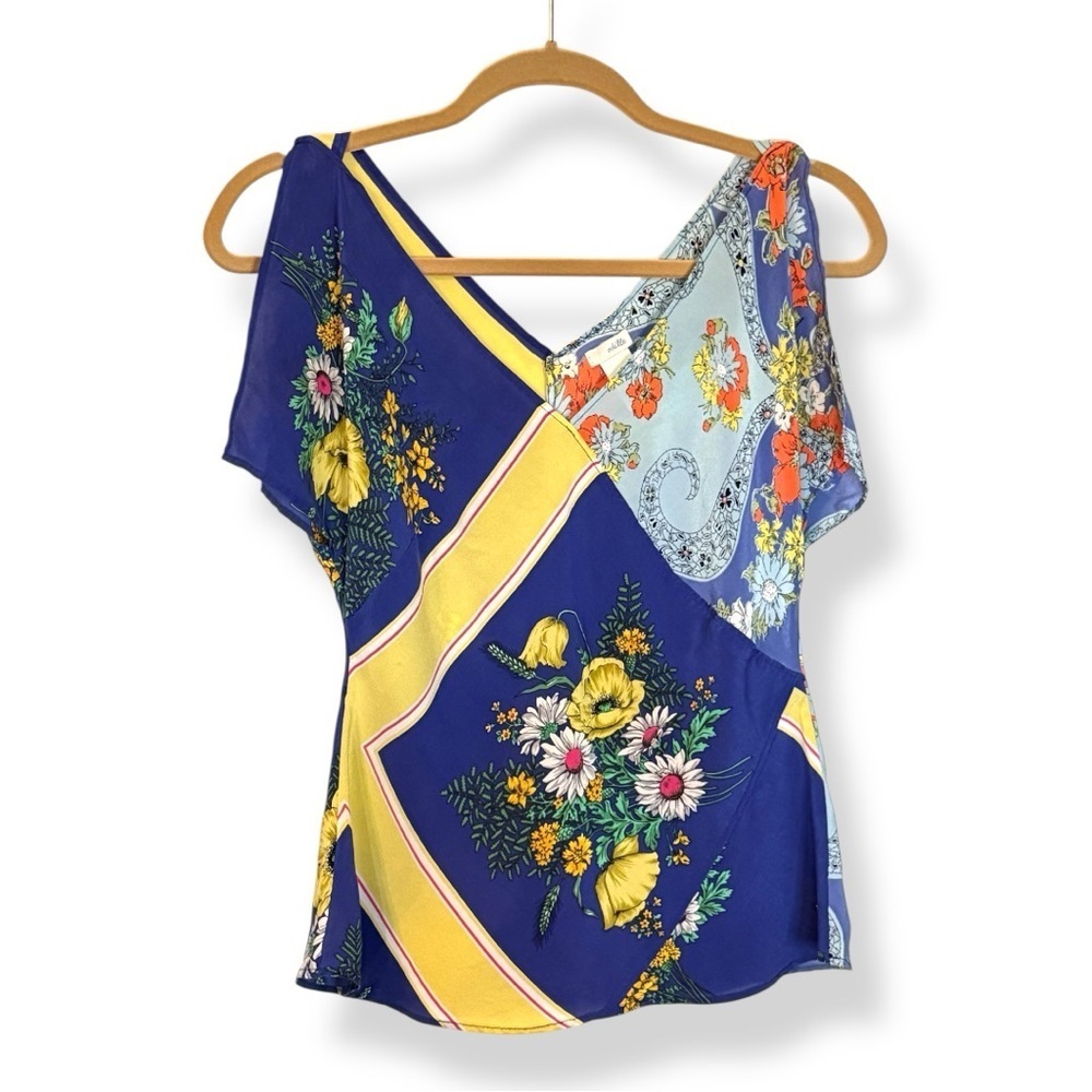 Odille Anthropologie 100% Silk Rare Blue + Yellow Floral Patchwork Blouse-Size 6